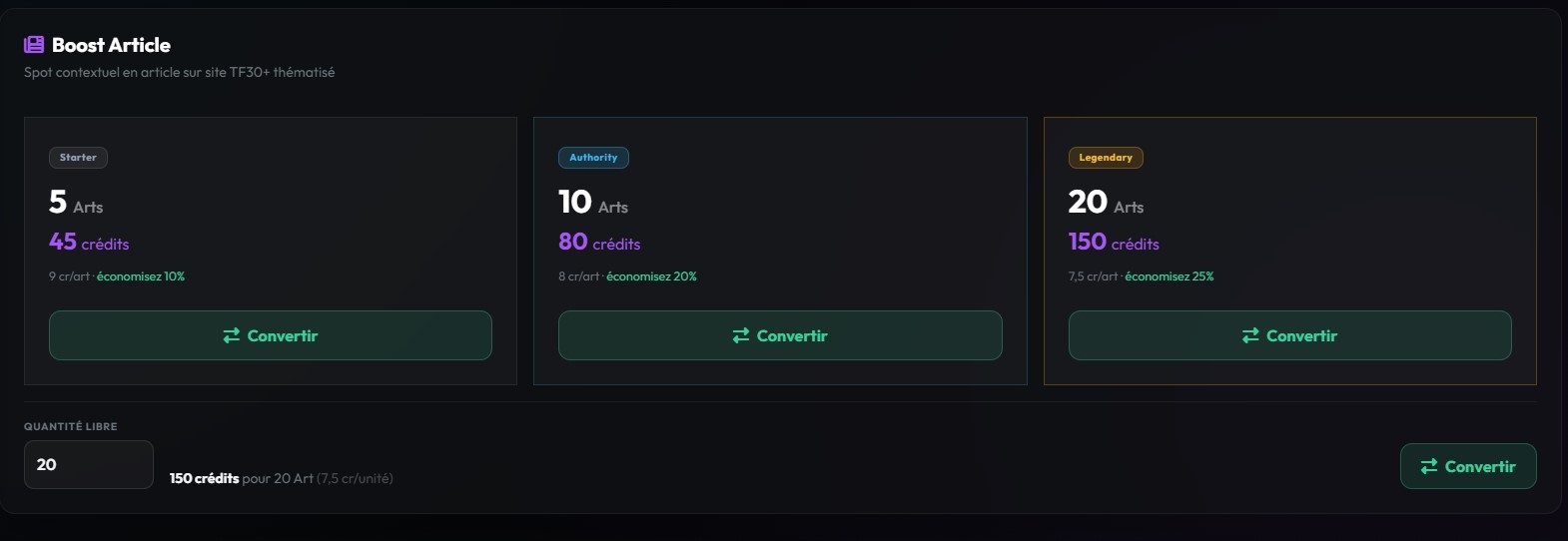 Capture dashboard MetricsBooster montrant les packs Boost Article