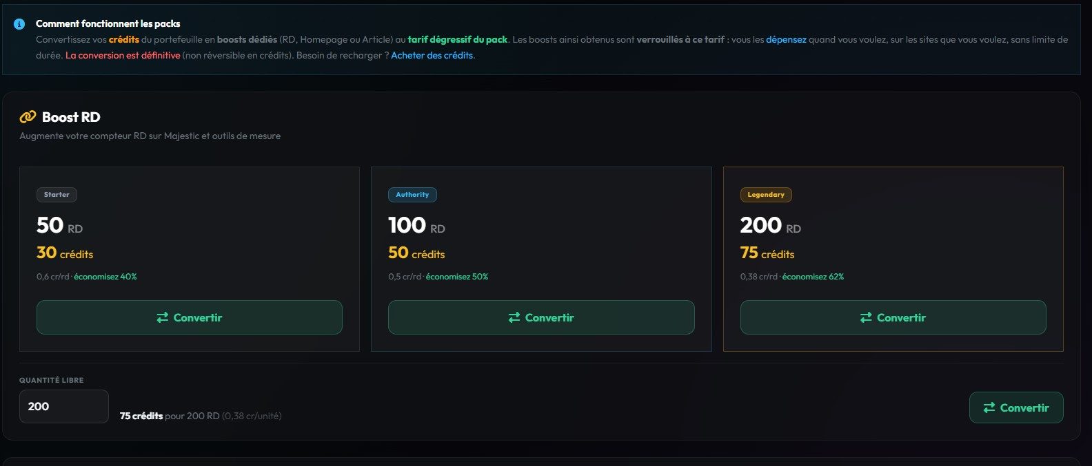 Capture dashboard MetricsBooster montrant les packs Boost RD